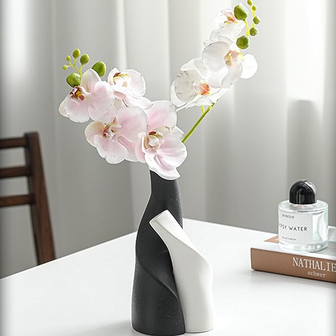 Irregular Circular Cross Ceramic Vase Set,Modern Minimalist Abstract Art Flower Vase for Home Decor,Decorative Small Bud Vase for Home Office Shelf Decor(Black White)