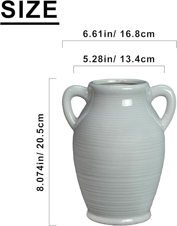 Sunddo Gray Ceramic Vase 8 Inch Modern Decorative Vase with 2 Handles, Neutral Gray Centerpiece for Table, Living Room, Bathroom Decoration, Mantel, Shelf Decor,