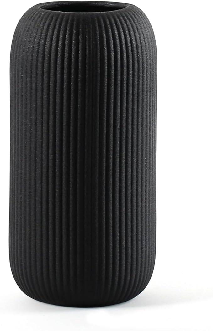Bohemian Black Ceramic Vase - for Pampas Grass, Mantel, Bookshelf, Entryway and Living Room Decor (Black, 8in-Pill)
