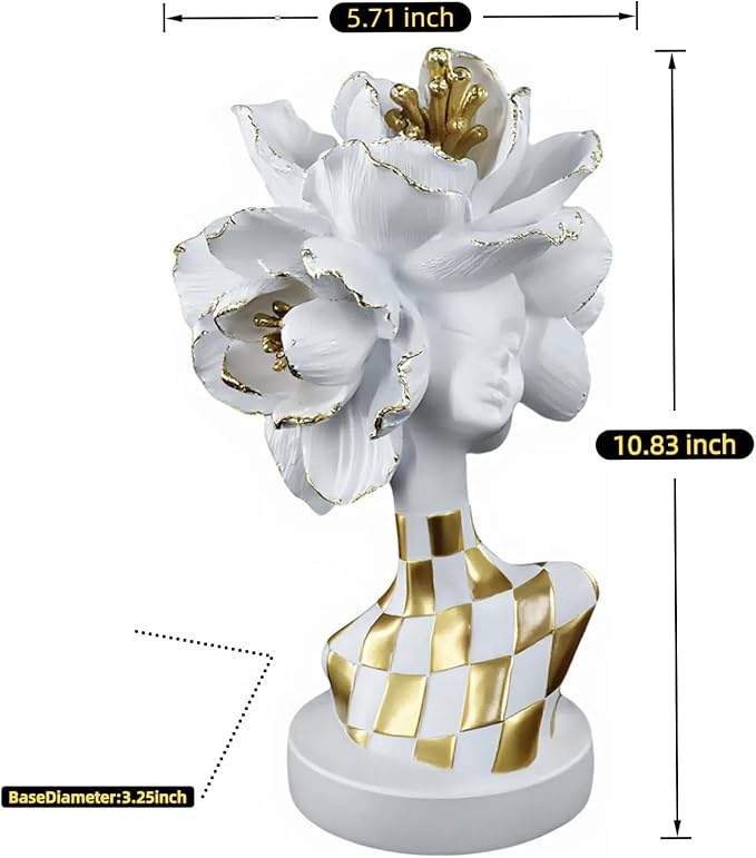 White and Gold African Lady Sculpture – Elegant Resin Figurine with Floral Crown, Modern African Art Decor for Living Room, Cultural Gift for Women