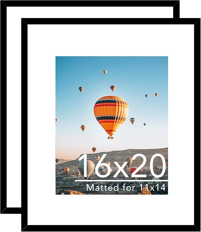 16x20 Picture Frame Set of 2 with 11x14 Mat, Display Photo 11x14 with Mat or 16 x 20 Without Mat, Wall Hanging Large 16 by 20 Poster Frame with Plexiglass, 2 Pack, Black
