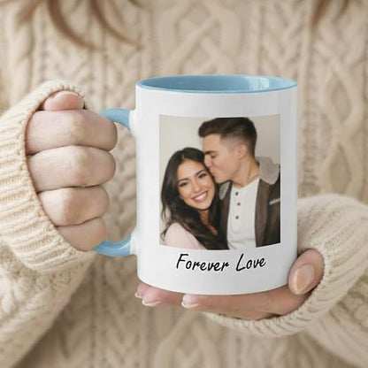 Custom Photo Coffee Mug, Personalized Forever Love Design Ceramic Cup for Anniversary Boyfriend Girlfriend Dishwasher Safe, 11oz (Sky Blue)