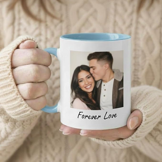 Custom Photo Coffee Mug, Personalized Forever Love Design Ceramic Cup for Anniversary Boyfriend Girlfriend Dishwasher Safe, 11oz (Sky Blue)