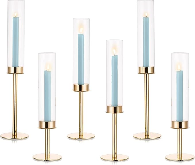 Hurricane Taper Candle Holders: Gold Glass Candlestick Holder Tall Candle Sticks Holder Decor with Glass Cover for Wedding Table Centerpiece Party Birthday Christmas Home Mantel Set of 6