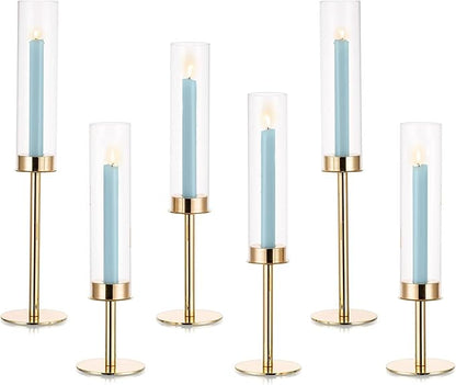 Hurricane Taper Candle Holders: Gold Glass Candlestick Holder Tall Candle Sticks Holder Decor with Glass Cover for Wedding Table Centerpiece Party Birthday Christmas Home Mantel Set of 6