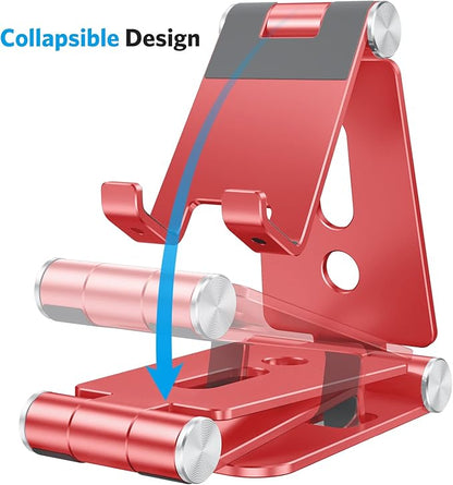 OMOTON Foldable Cell Phone Stand, C4 Portable Aluminum Phone Holder, Adjustable Phone Dock Cradle Compatible with iPhone 17/16/15 Pro Max Air, Samsung Galaxy, Small Tablets and Other Phones, Red
