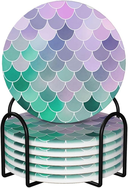 6 Pcs Ceramic Coasters with Holder Absorbent Drink Round Teal Pink Mermaid Fish Scales Design for Home Table Coffee Cup Wine Beer Bar,Size 4.4 inches