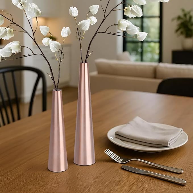 Vixdonos 10.5/8.5 inch Gold Metal Vase Small Dried Flower Vase Set of 2 Taper Vase for Wedding Table Centerpiece Decorations, Home Decor (Rose Gold)