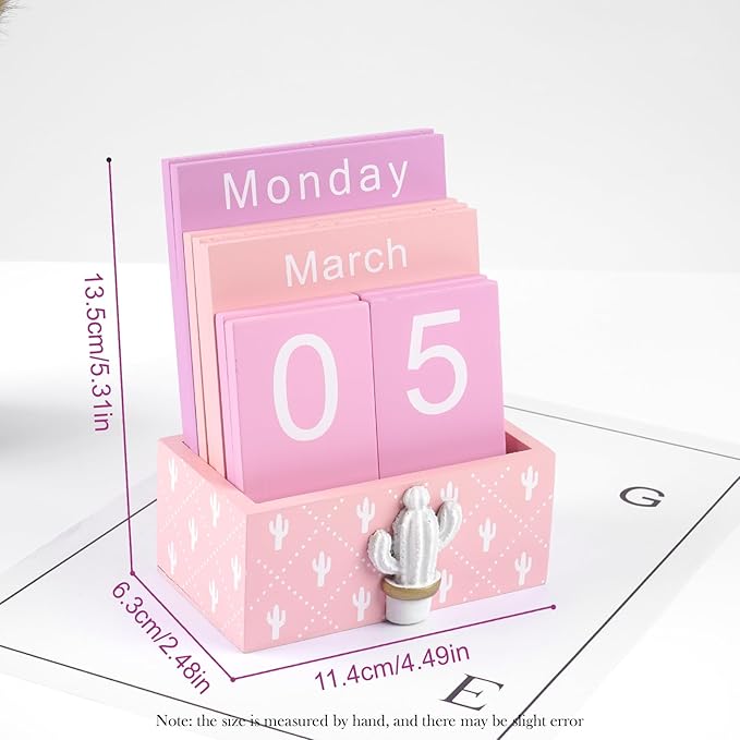 Notakia Perpetual Calendar Wooden Blocks Vintage Wood Block Calendar for Home Office Desk Accessories Week Month Date Display (Pink Calendar)