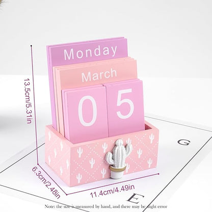 Notakia Perpetual Calendar Wooden Blocks Vintage Wood Block Calendar for Home Office Desk Accessories Week Month Date Display (Pink Calendar)