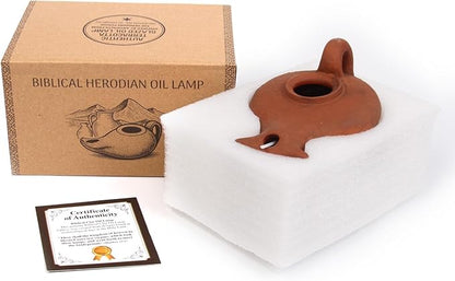Biblical Herodian Oil Lamp with Handle – Glazed Clay Replica in Gift Box with Certificate of Authenticity - Handmade Holy Land Judaica & Christian Gift