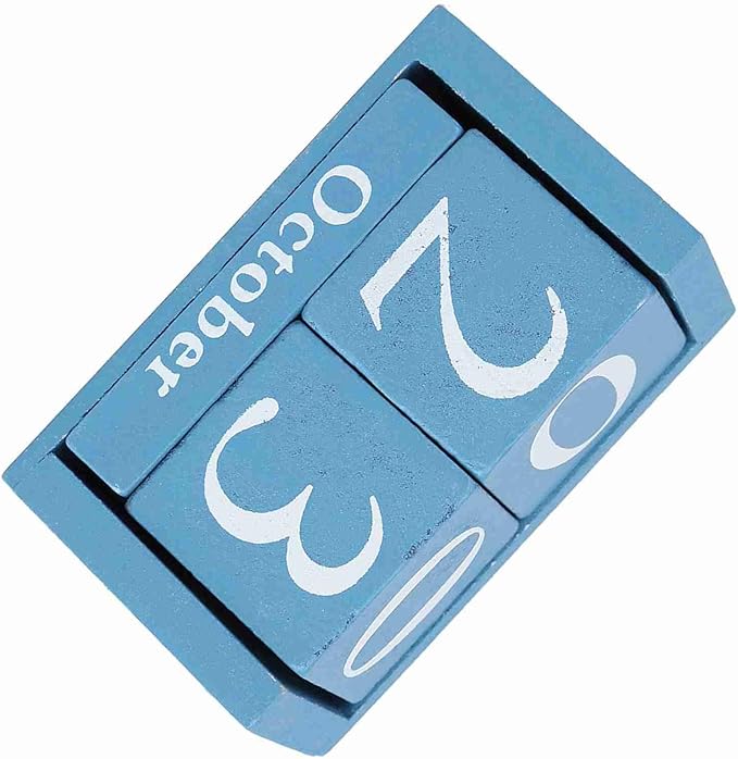 Perpetual Wooden Block Calendar, Desktop Vintage Style Mini Month Date Time Display, Home Office Decoration with 2pcs Dices, Blue, Black Wood with 12 Month Blocks (Blue)