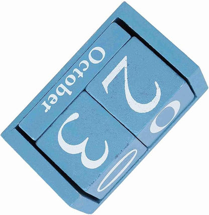 Perpetual Wooden Block Calendar, Desktop Vintage Style Mini Month Date Time Display, Home Office Decoration with 2pcs Dices, Blue, Black Wood with 12 Month Blocks (Blue)