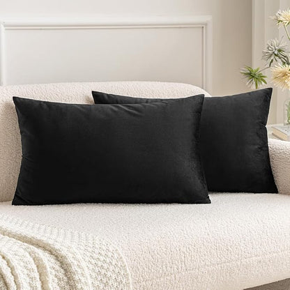 MIULEE Velvet Throw Pillow Covers 12x20 Inch, Pack of 2 - Black, Soft Solid Lumbar Decorative Pillow Covers Modern Luxury Home Decor for Chair Couch Sofa Bedroom Livingroom