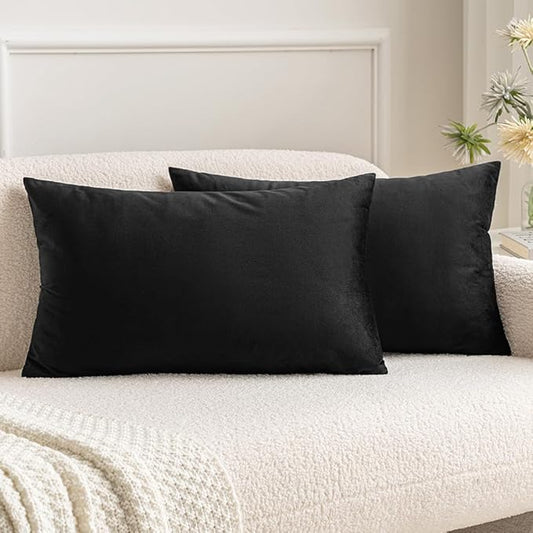 MIULEE Velvet Throw Pillow Covers 12x20 Inch, Pack of 2 - Black, Soft Solid Lumbar Decorative Pillow Covers Modern Luxury Home Decor for Chair Couch Sofa Bedroom Livingroom