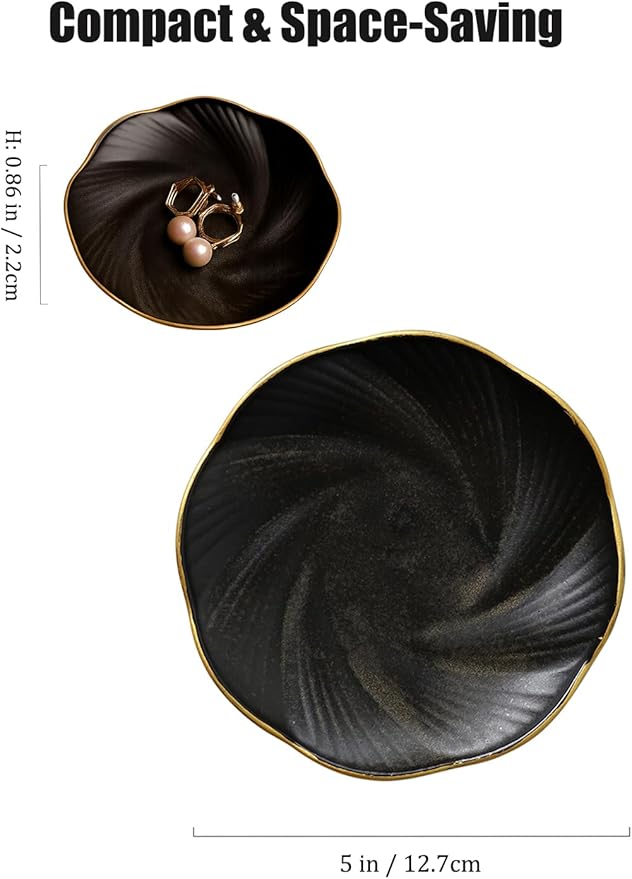 Black Ceramic Jewelry Tray with Gold Edge, 5 Inch Modern Trinket Dish for Rings & Earrings, Minimal Vanity Organizer