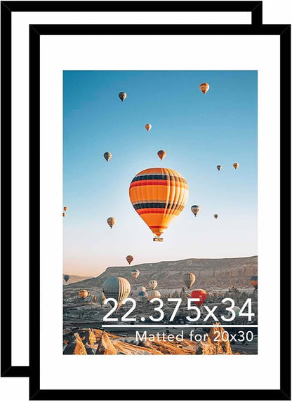 22.375x34 Picture Frame with 20x30 Mat Set of 2, Display Photo 20x30 with Mat or 22.375 x 34 Without Mat, Wall Hanging Large 22.375 by 34 Poster Frame with Plexiglass, 2 Pack, Black