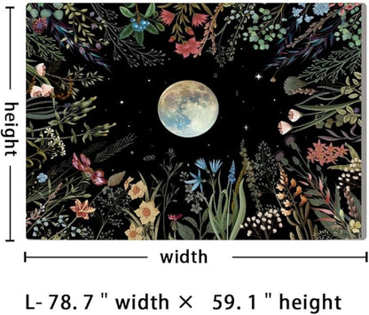 Amhokhui Moonlit Garden Tapestry Boho Moon Tapestry Floral Flower Tapestries Colorful Plants Tapestries Black Wall Hanging Decor for Home