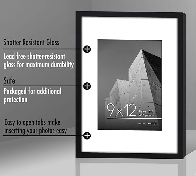 Americanflat 9x12 Picture Frame with Shatter-Resistant Glass - Use as 6x8 Frame with Mat or Display 9x12 Photo Without Mat - Streamline Collection - Picture Frames for Tabletop and Wall - Black