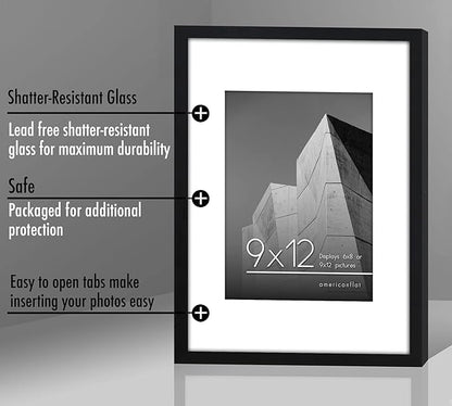 Americanflat 9x12 Picture Frame with Shatter-Resistant Glass - Use as 6x8 Frame with Mat or Display 9x12 Photo Without Mat - Streamline Collection - Picture Frames for Tabletop and Wall - Black