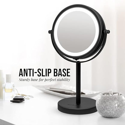 OVENTE 6" Lighted Makeup Mirror with 1X/7X Magnification, Cordless Tabletop Mount Vanity Round Mirror with 360° Swivel Design and Double Sided Cool Tone LED Ring Light, Matte Black MLT60B1X7X