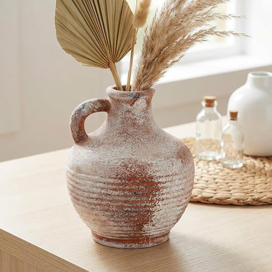 Sunddo 6 inch Rustic Ceramic Flowers Vase, Terracotta Pottery Small Vase with Handle, Farmhouse Decor,Table, Living Room, Bathroom, Shelf, Mantel Decor Brown