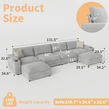 148.7" U Shaped Cloud Sofa Couch with Ottoman, Storage Armrest, Cup Holders, USB & Type-C Ports, Spring Cushions, Solid Wood Frame, Chenille Modular Sectional for Living Room (Light gray-U-148.7")