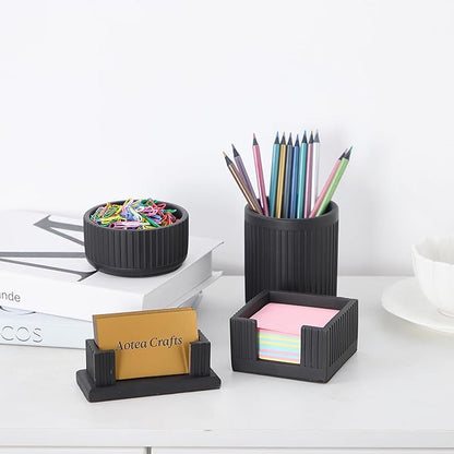 Set of 4 - Concrete Desk Accessories For Modern, Industrial, Minimalist Office Decor- Aesthetic Desk Organizers Accessories For Women or Men- Pen, Business Card Holder & Sticky Note, Paper Clip Holder