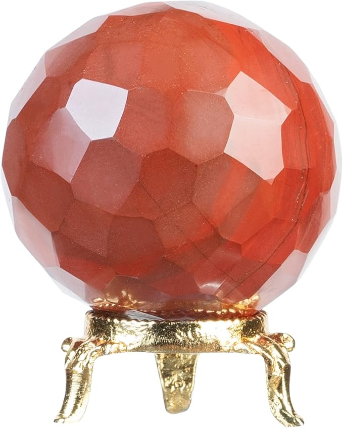 Crocon 50mm Red Jasper Diamond Cut Stone Sphere Ball with Metal Stand 1400+ Carats Gemstone Ball Healing Ornament Rock Sphere Sculpture Figurine for Fengshui Divination Crystal Home Decor Photography