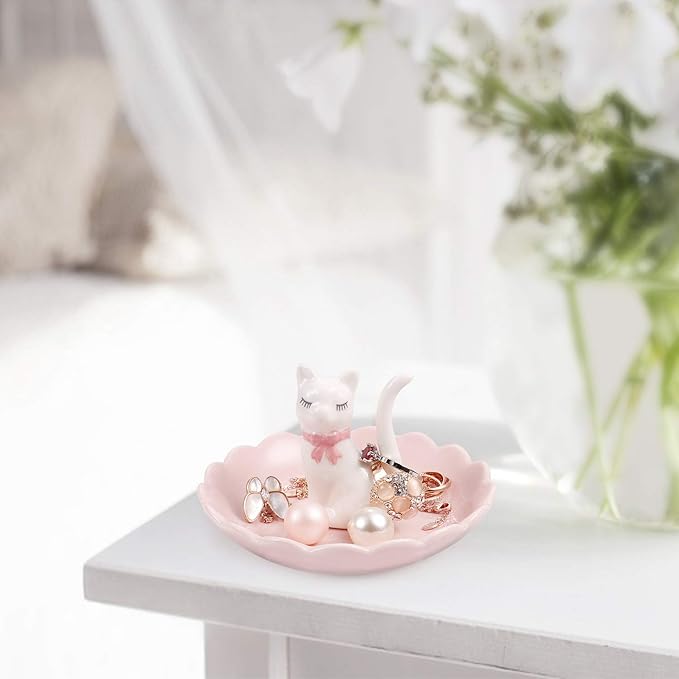 ROSA&ROSE Cat Ring Holder Trinket Tray Ceramic Jewelry Dish Porcelain Ring Organizer Gift for Women, Girlfriend or Valentine's Day (White/Pink)