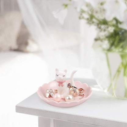ROSA&ROSE Cat Ring Holder Trinket Tray Ceramic Jewelry Dish Porcelain Ring Organizer Gift for Women, Girlfriend or Valentine's Day (White/Pink)