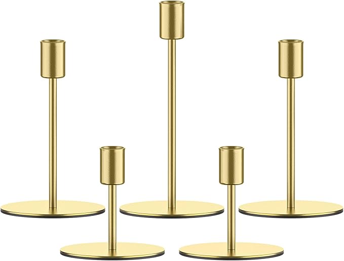 Smtyle Gold Taper Candle Holders for Candlesticks Set of 5 Matte Finial for Wedding Dining Table Centerpiece,Golden Birthday Gifts Decor