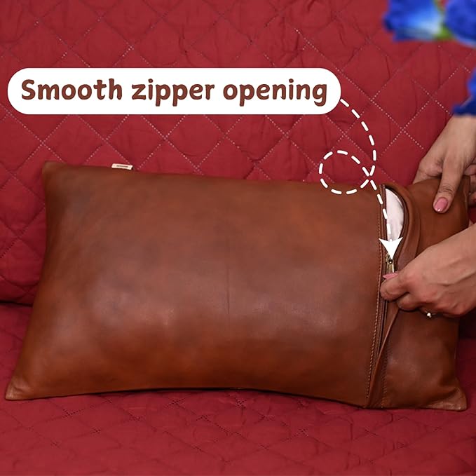 100% Lambskin Leather Pillow Cover - Sofa Cushion Case - Decorative Throw Covers for Living Room & Bedroom, 10x18 Inch - Dark Tan Plain Pack of 2