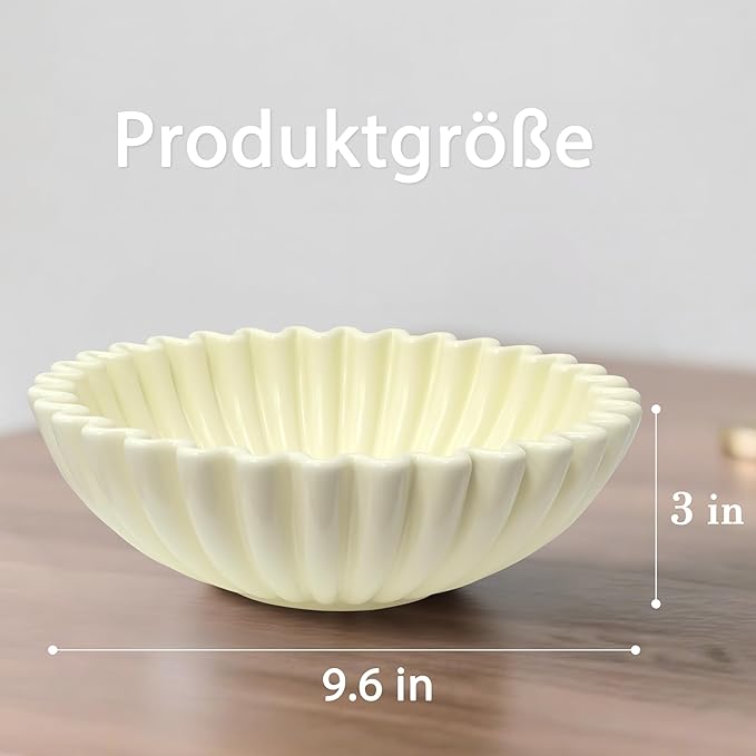 Large Decorative Bowl, Beige Ceramic Fruit Bowl for Kitchen Counter, Key Bowls for Entryway Table, Modern Coffee Table Home Decor, Scalloped Handmade Artwork