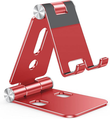 OMOTON Foldable Cell Phone Stand, C4 Portable Aluminum Phone Holder, Adjustable Phone Dock Cradle Compatible with iPhone 17/16/15 Pro Max Air, Samsung Galaxy, Small Tablets and Other Phones, Red