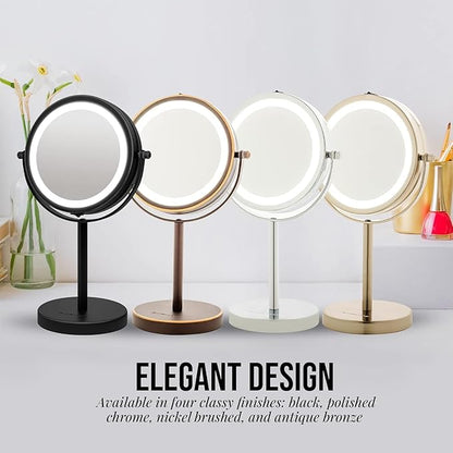 OVENTE 6" Lighted Makeup Mirror with 1X/7X Magnification, Cordless Tabletop Mount Vanity Round Mirror with 360° Swivel Design and Double Sided Cool Tone LED Ring Light, Nickel Brushed MLT60BR1X7X