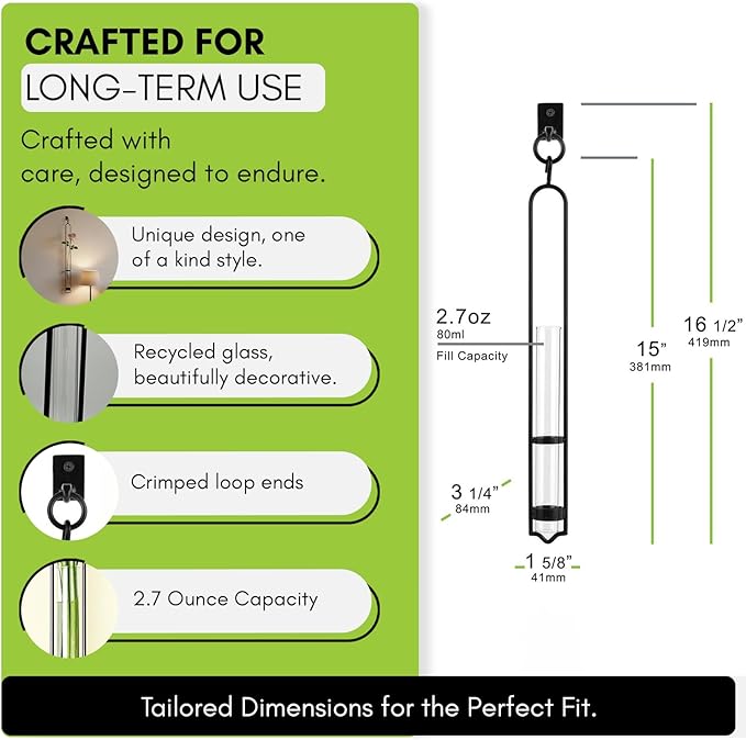 COURONNE CO. Florence Hanging Pendant Tube Vase with Wall Hook, Clear Flower Holder, Glass Vases for Flowers, Wall Plant Hanger for House Vase Decor, 16.’’H, Pack of 2