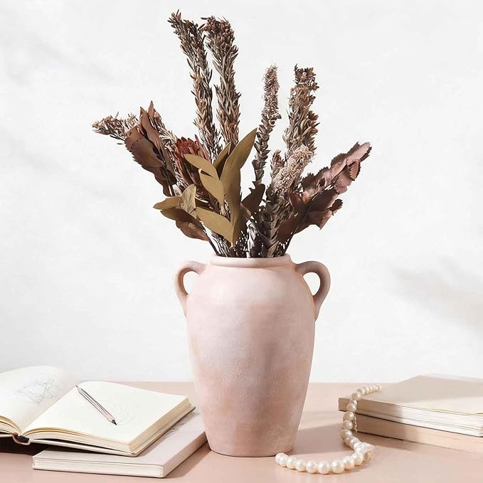 Ceramic Flower Vase, 9 inch Rustic Farmhouse Vase for Centerpieces, Handcrafted Weathered Pottery Vases, Small Decorative Terracotta Vases for Home Decor, Living Room, Table, Shelf