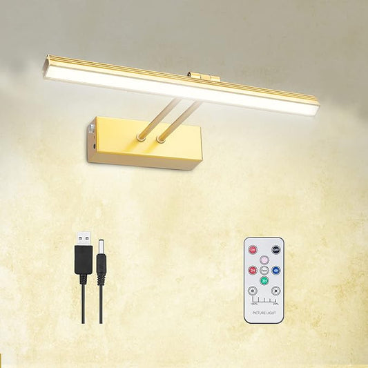 FUNCHDAY Picture Light,Battery Art Lights for Wall,Wireless Remote Painting Light with Timer and Dimmable,13”Metal Display Lighting for Artwork,Portrait,Gallery(Brass)