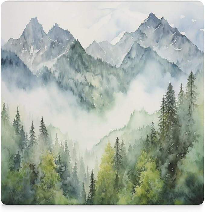 Square-4PCS Forest Drink Coasters, Square Modern Ceramic Absorbent Coasters, Watercolor Style Nature Woodland Green Forest Mountain Plant Decor Desk Coffee Table Coaster for Beverage Cup Tea Coasters