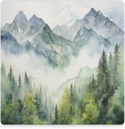 Square-4PCS Forest Drink Coasters, Square Modern Ceramic Absorbent Coasters, Watercolor Style Nature Woodland Green Forest Mountain Plant Decor Desk Coffee Table Coaster for Beverage Cup Tea Coasters