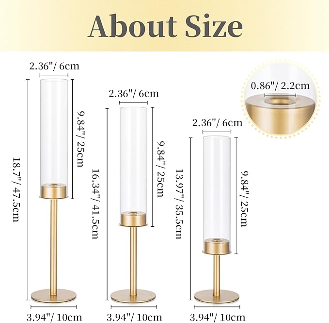 Hewory Gold Candle Holders, 3Pcs Brass Candle Stick Candelabra with Glass Candle Cover for Wedding Table Centerpiece Christmas Decor