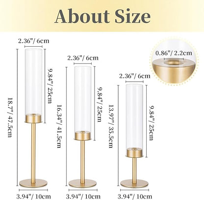 Hewory Gold Candle Holders, 3Pcs Brass Candle Stick Candelabra with Glass Candle Cover for Wedding Table Centerpiece Christmas Decor