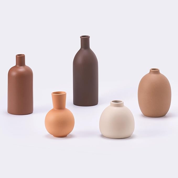 Modern Ceramic Vase Set of 5, Vases Home Decor Rustic Farmhouse Decorative Vase for Bouquet Dried Fresh Flowers, Table Living Room Kitchen Bedroom