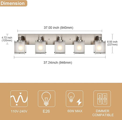 5-Lights Bathroom Vanity Light Fixtures, Modern Brushed Nickel Wall Sconce Lighting with Rectangular Frosted Glass Shades, E26 Bulb Base
