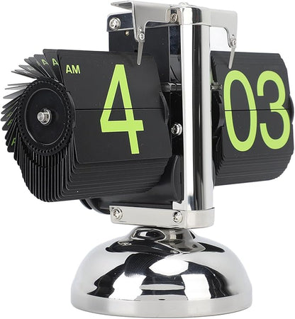 FOSA Flip Clock Retro Mechanical Digital Minimalist 12H Battery Operated Stainless Steel Desk Clock for Home Office Living Room (Stainless Steel Green Number)