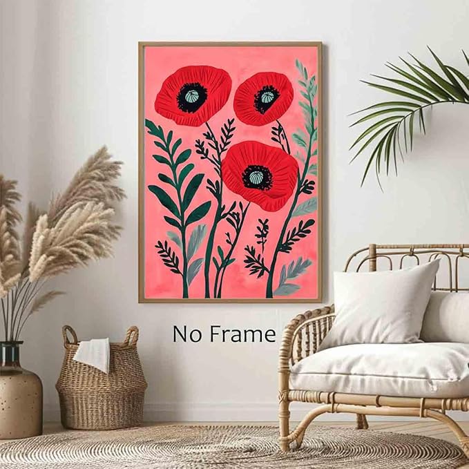 Red Poppy Wall Art Red Floral Poster Vintage Botanical Prints French Floral Artwork Antique Flower Pictures Pink Aesthetics Abstract Plants Wall Art Modern Living Room Decor 16x24inch No Frame
