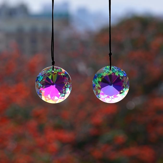 2PCS Circle Crystal Sun Catcher Prisms, stino Hanging Suncatchers with Glass Prism, Rainbow Maker for Windows, Balcony, Kitchen, Garden Decoration (1, Circle ABColor 2Pcs)