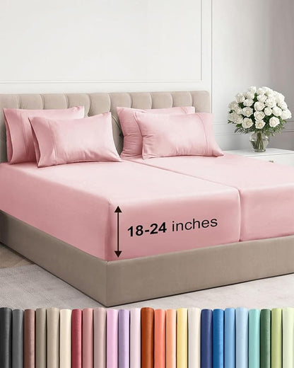 Extra Deep Split King Sheet Set - 7 Piece Breathable and Cooling Sheets - Hotel Luxury Bed Sheets Set - Easy Fit - Soft, Wrinkle Free and Comfy Sheets Set - Baby Pink Sheet Set with Extra Deep Pockets