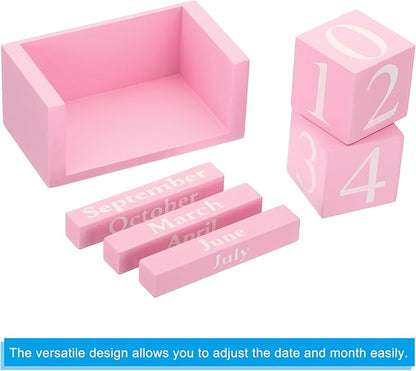 PATIKIL Vintage Wood Block Perpetual Calendar, Reusable Wooden Month Date Display Blocks for Desk Office Home Decoration 3.7", Pink